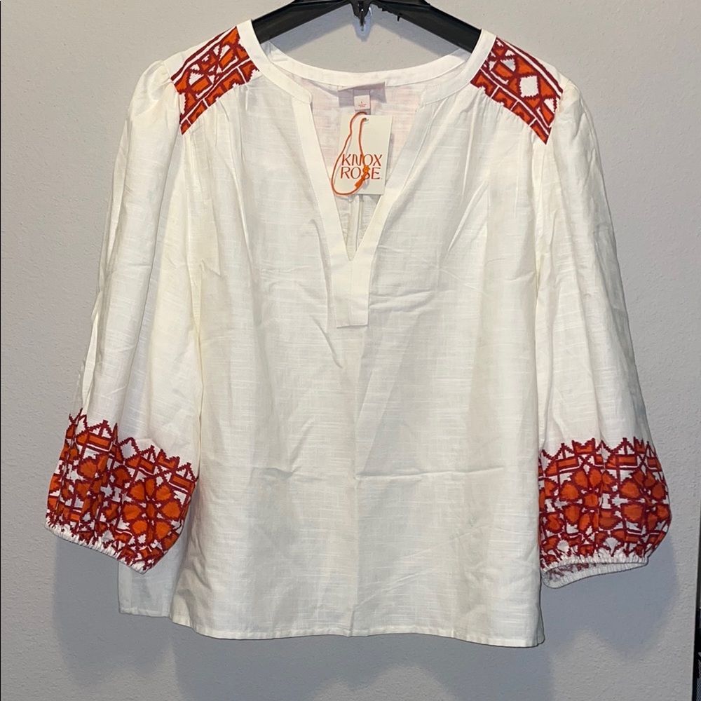 Knox Rose Red and White Embellished Blouse with Mandarin Collar